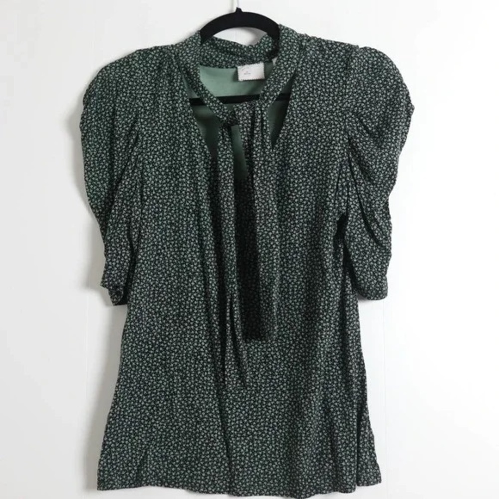 Anthropologie Green Blouse with Black Accents